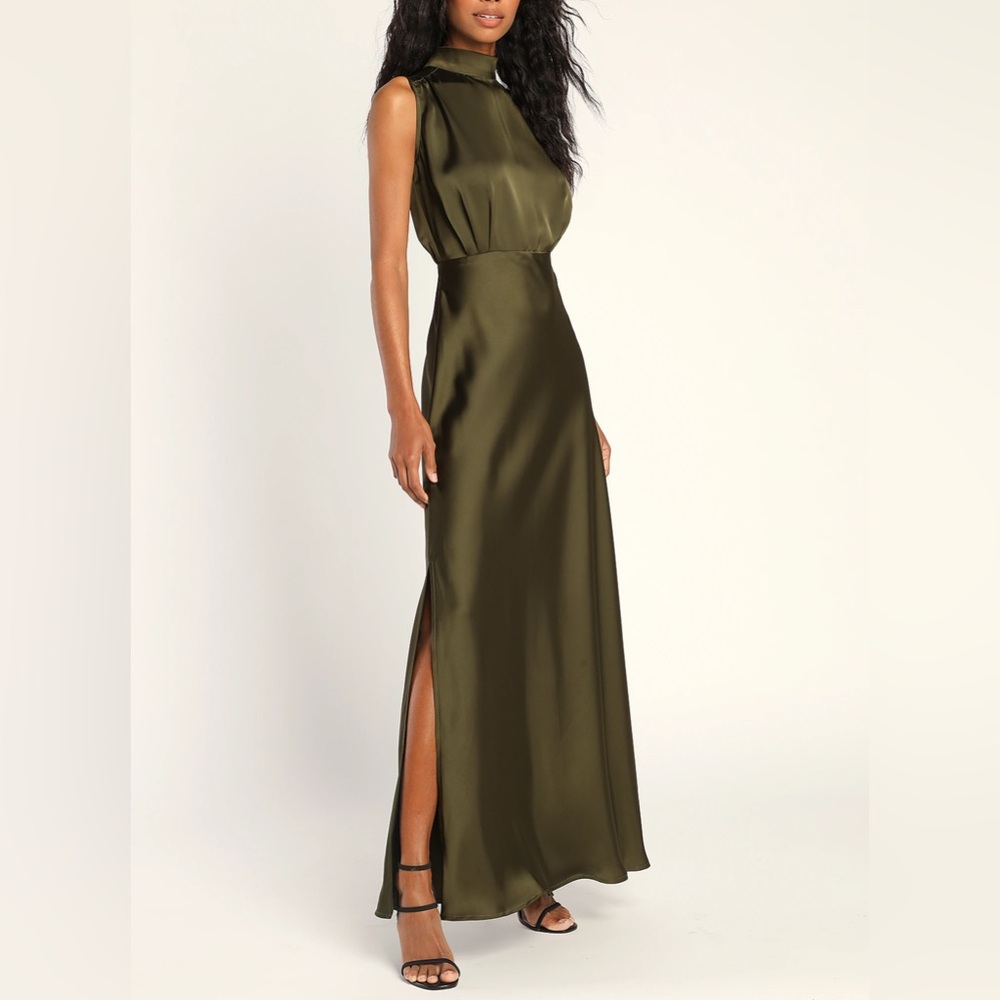 NWT - Classic Elegance Olive Satin Sleeveless Mock Neck Maxi Dress
